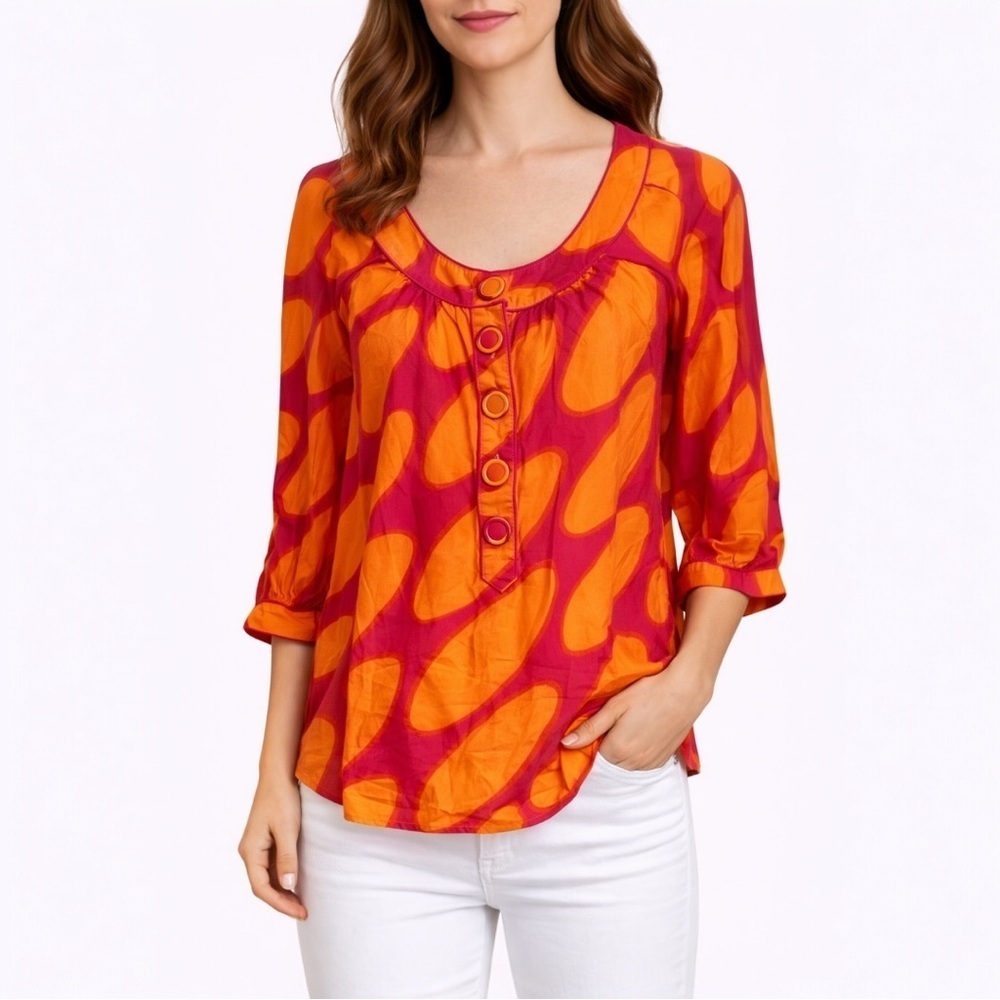 Marimekko x H&M Cotton Silk Abstract Print Blouse Top Orange Pink Size 4
